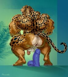 1boy 2022 anal anal_masturbation anthro anus ass back_muscles balls biceps big_butt big_muscles brown_body brown_fur coach_(purrcules) crouching dildo english_text felid fur genitals hi_res huge_muscles humanoid_dildo humanoid_genitalia humanoid_penis jaguar mainlion male male_only male_penetrated mammal markings masturbation muscular muscular_anthro muscular_male muscular_thighs nude pantherine penis perineum quads sex_toy solo spots spotted_body spotted_fur spotted_markings tan_body tan_fur text thick_thighs