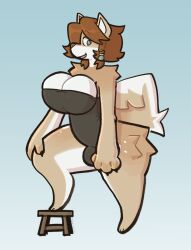 1futa 2022 anthro big_breasts breasts brown_fur brown_hair bulge canine canine cleavage clothed clothing curled_tail dogfluid domestic_dog flaccid furry futa_only futanari leotard mostly_clothed penis short_hair side_view standing tail two-tone_hair