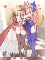 3girls absurdres animal_ears armor blonde_female blonde_hair blush breasts brown_hair checkered_floor cleavage clothed_female_nude_female clothes_pull dress fate/extra fate_(series) female_only fff_threesome fox_ears fox_tail girl_sandwich greaves group_sex hand_on_another's_face hand_on_another's_head high_heels highres japanese_clothes kishinami_hakuno_(female) kissing kissing_cheek large_breasts looking_at_another multiple_girls nero_claudius_(fate) nero_claudius_(fate/extra) nipple_slip nipple_tweak nipples nude okobo pantyhose pantyhose_pull phi_str pink_hair platform_footwear platform_heels sandwiched smile standing tail tamamo_no_mae_(fate) thigh_gap threesome yuri