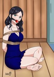 ball_gag barefoot big_breasts black_hair blue_dress blue_eyes bondage crossed_legs dress dressrosa feet female female_only gag nico_robin one_piece rope_bondage shadow-xcp