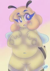 antennae_(anatomy) anthro arthropod bee blush breasts chubby_anthro chubby_female female hair hand_on_breast hi_res hymenopteran insects open_mouth orange_hair slightly_chubby solo standing stinger_(anatomy) wings yellow_body