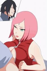 1boy 1girls alternate_breast_size animated boobjob boruto:_naruto_next_generations green_eyes hannya_san mature mature_female mature_woman milf mother naruto paizuri penis pink_hair sakura_haruno sasuke_uchiha seducing seductive seductive_eyes seductive_look seductive_mouth titfuck titjob woman