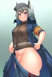 @_@ animal_ears aqua_background arknights armband bangs blue_coat blush breasts brown_shirt clothing_cutout coat commentary cowboy_shot deaver female gradient gradient_background grani_(arknights) grey_hair grey_shirt groin highres hip_vent horse_ears horse_girl long_hair looking_at_viewer no_panties open_clothes open_coat police police_uniform purple_eyes shirt short_sleeves small_breasts solo standing sweat thick_thighs thigh_cutout thighs uniform