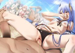 2boys 6+girls bangs bare_arms bare_legs bare_shoulders beach bikini blue_hair blush breasts breasts_out censored clothed_sex covering_mouth cowgirl_position cygames demon_horns embarrassed highres horns long_hair medium_breasts multi-strapped_bikini multiple_boys multiple_girls navel nipples outdoors paid_reward_available penis princess_connect! public_indecency purple_hair pussy ramanda rei_(princess_connect!) sex solo_focus spread_legs straddling straight string_bikini sunlight swimsuit vaginal_penetration
