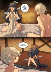 after_sex ass background bed bedroom blanket blanket_grab blonde_hair blurry blurry_background blush breasts brown_hair chibi comic completely_nude cute dressing duo embarrassed english_text female fire_emblem fire_emblem_awakening front_view headgear human human_only indoors kinkymation kneeling light-skinned_female light-skinned_male light_skin long_hair looking_at_another lucina_(fire_emblem) male morning morning_after multiple_views nintendo nipples nude nude_female nude_male on_bed onomatopoeia page_16 question regret robin_(fire_emblem) robin_(fire_emblem)_(male) shocked short_hair small_breasts speech_bubble standing straight text wavy_mouth wide_eyed