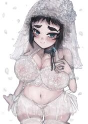 alternate_costume big_breasts blush bridal_veil bride choker cleavage demon_slayer female female_only garter_straps genderswap_(mtf) kaigaku kimetsu_no_yaiba lace lace-trimmed_bra lace-trimmed_thighhighs lace_trim lingerie looking_at_viewer nipples_visible_through_clothing pale-skinned_female pale_skin ribbon_choker rule_63 see-through_clothing short_hair smile teal_eyes thick_eyebrows thick_thighs thighhighs veil wedding_lingerie wedding_ring white_bra white_legwear white_thighhighs wide_hips wrist_cuffs