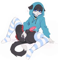 1boy 2022 anthro balls black_fur blue_eyes blush cat_ears domestic_cat feline feline_penis femboy fingering fingering_ass fingering_self fur furry furry_only hi_res hoodie legs_apart light_blush looking_at_viewer male male_only mikosi narrowed_eyes penis precum precum_drip smiling_at_viewer solo solo_male striped_thighhighs thighhighs tongue_out voluptuous white_background