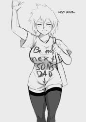 1girls bakugou_is_dead big_ass big_breasts doktor_malefic milf mitsuki_bakugou mother my_hero_academia pov shirt sketch skin_tight smile smiling smiling_at_viewer solo solo_female suggestive_clothing text_on_clothing text_on_shirt thick_thighs thighhighs