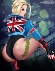 aramyx big_butt blonde_hair butt cammy_white female huge_butt leotard looking_at_viewer looking_back short_jacket skintight street_fighter thick_thighs tight_clothing