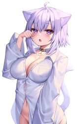 absurdres ahoge animal_ear_fluff animal_ears bangs blush breast_pocket breasts button_gap casual cat_ears cat_girl cat_tail collar collared_shirt deaver dot_nose dress_shirt female groin hair_between_eyes hand_up highres hololive hololive_gamers hololive_japan large_breasts long_sleeves looking_at_viewer naked_shirt navel nekomata_okayu oerba_yun_fang open_mouth partially_unbuttoned pocket shirt simple_background solo tail tail_raised virtual_youtuber white_shirt