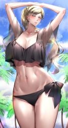 abs absurdres armpits bikini black_bikini blonde_female blonde_hair blue_eyes breasts cleavage collarbone day female highres kantai_collection kome_cola large_breasts looking_at_viewer mature_female milf navel official_alternate_costume ponytail richelieu_(kantai_collection) see-through side-tie_bikini solo swimsuit toned