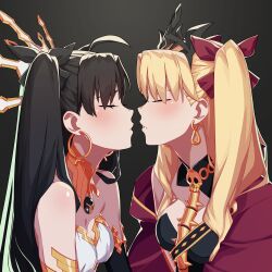 2girls black_hair blonde_female blonde_hair blush breasts cape closed_eyes earrings ereshkigal_(fate) fate/grand_order fate_(series) imminent_incest imminent_kiss incest incoming_kiss ishtar_(fate) jewelry sisters spine terebozu92 twintails yuri