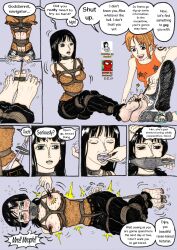 2girls angry blush bondage collar comic devluca17 feet female female_only gag multiple_girls nami nico_robin omnibal one_piece pink_toenails pre-timeskip rope_bondage sweat tape_gag tied_toes toenail_polish