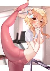 :3 blonde_hair blush breasts breasts_out feet flower genshin_impact legs_up looking_at_viewer lumine_(genshin_impact) medium_breasts nail_polish nipples pink_legwear pink_nails short_sleeves smile squchan tied_shirt toeless_legwear toenail_polish toes yoga_pants