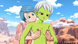 2girls 3d blender blue_hair bulma_briefs cheelai dragon_ball dragon_ball_fighterz dragon_ball_super dragon_ball_z female_only fondling_breast green_skin light-skinned_female nude_female outdoors outside potbuster45 small_breasts white_hair yuri