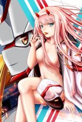 1girls big_breasts breasts darling_in_the_franxx female humanization light_smile lying on_back orange_eyes pointless_censoring purple_background pussy robot simple_background small_breasts smile solo strelizia zero_two_(darling_in_the_franxx)