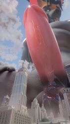 2022 3d_(artwork) anthro balls big_penis bodily_fluids building city cloud digital_media_(artwork) felid feline freschrenders genital_fluids genitals hi_res huge_cock landscape_dwarfing legacy_(freschrenders) lynx macro male mammal open_mouth penis precum sky skyscraper solo tongue tongue_out