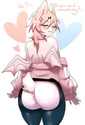 1boy 2022 aqua_eyes ass back_view backsack bat bat_ears bat_wings blush chiropteran dialogue english_text femboy ginzdraws girly heart hi_res looking_at_viewer looking_back male male_only miko_(mikosi) narrowed_eyes pink_hair short_tail smiling_at_viewer solo solo_male tail wings