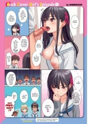 1boy 3girls breasts_out fellatio homunculus_(artist) nipples open_mouth penis