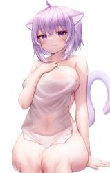 ahoge animal_ears bangs blush breasts cat_ears cat_tail closed_mouth collarbone commentary_request covered_navel covering deaver female highres hololive hololive_gamers hololive_japan large_breasts looking_at_viewer nekomata_okayu nude nude_cover oerba_yun_fang purple_eyes purple_hair see-through short_hair simple_background skin_fang solo tail towel virtual_youtuber wet wet_towel white_background