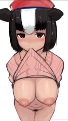 1girls big_breasts blush breasts female female_only hat holstein_friesian_cattle_(kemono_friends) kemono_friends looking_at_viewer mostly_nude nipples pubic_hair shibori_kasu shirt_lift simple_background solo sweater