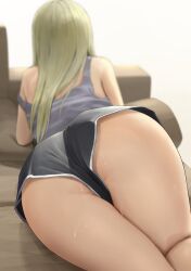 1girls 2d ano_(gccx8784) ass ass_cheeks ass_focus blonde_female couch female female_only from_behind hi_res light-skinned_female light_skin long_hair lying on_stomach original pale-skinned_female pale_skin short_shorts shorts sofa solo strap_slip sweat sweating tank_top thick_thighs thighs wide_hips