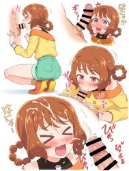 >_< 1boy :>= :3 :d ^^^ bangs blush brown_hair censored closed_eyes clothing cum cum_on_hair delicious_party_precure erection facial fellatio female flat_chest hair_rings hanamichi_ran highres off-shoulder_shirt off_shoulder open_mouth oral penis penis_awe penis_shadow pink_eyes precure pretty_cure red_eyes red_footwear shirt shoes shorts smile socks squatting straight translation_request watch wide-eyed wristwatch yellow_shirt yellow_socks yoban