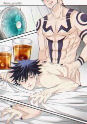 2boys :q abs anal arm_tattoo ass ass_grab bangs bite_mark black_hair black_nails blush chest_tattoo closed_eyes commentary_request completely_nude couple cup drink drinking_glass electric_fan eyelashes facial_tattoo fingernails fushiguro_megumi hand_grab hickey highres iced_tea jujutsu_kaisen male_focus male_only multiple_boys nail_polish navel nipples nude open_mouth panels pectorals ryoumen_sukuna_(jujutsu_kaisen) sato_zero915 sex sex_from_behind sheet_grab short_hair shoulder_tattoo spiked_hair stomach_tattoo tattoo tongue tongue_out yaoi