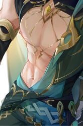 1boy abs alhaitham_(genshin_impact) belly_button big_chest chest clothing genshin_impact lithe luxurious_chest male male_only muscular muscular_male nipples pecs revealing_clothes slim_waist solo