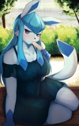 aqua_eyes big_breasts breasts eeveelution female glaceon holding_object kyuukon_(qkonsan) looking_at_viewer pokémon_(species) pokemon popsicle sitting tagme