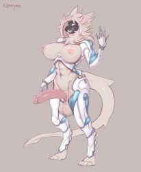 1futa anthro breasts_out cyborg futa_only futanari hanging_balls nanyme_(wyntersun) protogen robotic_arm shark_tail solo tagme wyntersun