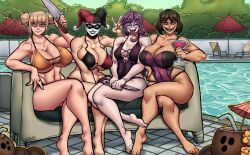 2d 4girls batman_(series) bikini black_hair blonde_female blonde_hair breasts castleart clown coconut_drink couch crazy_eyes crossover danganronpa dc dc_comics drinks eastern_and_western_character feet female female_only fukawa_touko genocider_shou glasses harley_quinn himiko_toga jester_cap knife mileena mortal_kombat mortal_kombat_11 multiple_girls my_hero_academia netherrealm_studios pale_skin pool purple_hair scissors sharp_teeth smiling_at_viewer straight_hair sunbathing swimming_pool tan_skin tarkatan thighs toes tongue_out umbrella water yandere yellow_eyes