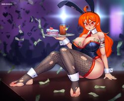 bandage bandaged_arm big_breasts blood breasts bunny_ears bunny_girl bunnysuit collar draw-till-death money necktie orange_eyes orange_hair red_eyebrows shell_flare stirrup_legwear thick_thighs white_collar