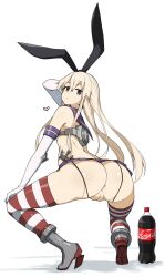 1girls ass back back_view balls big_ass big_butt blonde_hair bunny_ears female full-package_futanari heart human kantai_collection light_skin looking_back nude pale-skinned_female pussy sailor_uniform shimakaze_(kantai_collection) sinensian soda_bottle solo solo_female squatting thighhighs thong uncensored