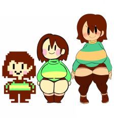 2d 3girls breast_expansion breasts brown_hair chara chara_(mochikirb_style) female huge_breasts large_breasts looking_at_viewer minishorts mob_face mochikirb pixel_art short_hair shorts shortstack smile sweater thick_thighs thighs undertale undertale_(series)