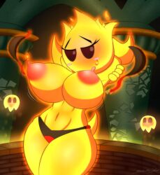 anthro big_breasts bikini_bottom bikini_snap blush blushing_at_viewer fire humanized mario_(series) nipples pink_nipples podoboo slickehedge super_mario_bros. thick_thighs