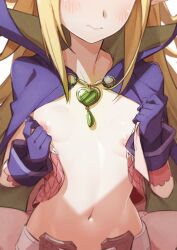 1girls blonde_hair blush breasts cloak embarrassed female female_only fire_emblem fire_emblem_awakening gem gloves highres long_hair midriff morisobo navel nintendo nipples non-web_source nowi_(fire_emblem) nude pointy_ears purple_cloak small_breasts solo undressing