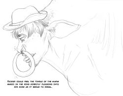 arania black_text border bovid bovine clothing comic cowboy_hat facial_piercing hair hat headgear headwear human human_to_feral inner_ear_fluff male mammal mid_transformation monochrome nose_piercing piercing septum_piercing solo species_transformation text traditional_media_(artwork) transformation tuft