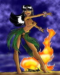 bar1scorpio black_hair bon_fire brown_eyes brown_nipples clouds female flower_bracelet grass_skirt hula hula_dancer hula_girl hula_skirt national_personification night_sky oc open_mouth original_character pubic_hair sand shiny_hair solo topless topless_female