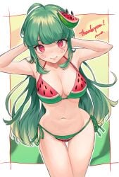 1girls bikini bikini_bottom bikini_top breasts cleavage english_text female female_only green_hair long_hair looking_at_viewer makita_(vector1525) navel red_eyes solo standing swimsuit text thigh_gap vannamelon vannamelon_(copyright) virtual_youtuber watermelon_bikini watermelon_print