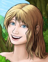 1girls blonde_hair crisis_(karbo) felarya forest giantess jumpscare scary smile solo tree