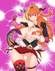 ahoge breasts breasts_out censored dragon gradient_eyes hokke_(fryinghokke) holoforce hololive hololive_japan horns huge_breasts kiryu_coco long_hair microskirt miniskirt multicolored_hair nopan open_clothes orange_hair pointy_ears pose purple_eyes red_eyes skirt skirt_up tail thick_thighs thigh_band thighs two-tone_hair virtual_youtuber yellow_hair