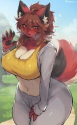 animal_ears anthro anthro_only belly belly_button big_breasts blush breasts child_bearing_hips cleavage clothing curves curvy female franchesca_(garasaki) fur furry furry_belly furry_breasts furry_ears furry_female furry_only furry_tail hips huge_breasts large_breasts paws solo suurin_(ksyaro) sweat sweating sweaty tagme tail thick thick_thighs thighs tummy wide_hips yellow_eyes