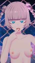 areolae blue braid breasts call_of_the_night collarbone eyes fangs finger_in_mouth finger_on_tongue hair_loopies looking_at_viewer looped_braids medium_breasts nanakusa_nazuna nipples nude pink_hair small_breasts tenochx tongue_out yofukashi_no_uta