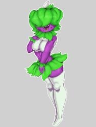 2d big_breasts big_thighs chomper_(pvz) female female_only green_hair jacksito_(artist) looking_at_viewer plant plantie plants_vs_zombies pop_cap purple_skin side_view smile socks voluptuous voluptuous_female white_clothes