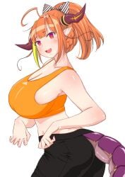 adidas ahoge breasts cleavage dragon gradient_eyes hair_ornament hokke_(fryinghokke) holoforce hololive hololive_japan horns huge_breasts kiryu_coco looking_at_viewer multicolored_hair open_mouth orange_hair ponytail purple_eyes red_eyes short_hair smile sports_bra sweat sweatpants tail two-tone_hair virtual_youtuber workout workout_clothes yellow_hair