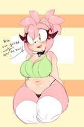 1girls amy_rose anthro breasts chubby chubby_female cleavage clothed clothing dialogue english_text female female_only fur furry furry_only higgyy pink_fur pink_hair solo sonic_(series) speech_bubble stockings text thick_thighs