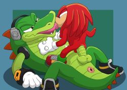 2boys anal anal_sex anthro anus balls bodily_fluids clothing crocodile crocodilian crocodylid cum cumshot digital_media_(artwork) duo echidna ejaculating_cum ejaculation ejaculation_while_penetrated erection eye_contact fangs footwear from_front_position gay genital_fluids genitals gloves handwear headphones humanoid_genitalia humanoid_penis kissing knuckles_the_echidna licking looking_at_another lying magzol male male/male male_only male_penetrated male_penetrating male_penetrating_male mammal monotreme on_back on_top open_mouth penetration penis raised_tail reptile scalie sega sex shoes sitting_on_another size_difference smile sonic_(series) sonic_the_hedgehog_(series) tongue tongue_out vector_the_crocodile yaoi