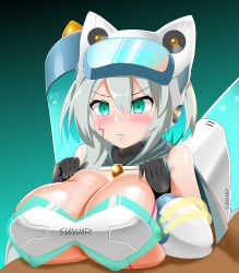 1boy 1girls @_@ big_breasts blush crazy_eyes female_focus honda_takaharu ico_(mega_man) mega_man mega_man_x_dive paizuri pressing_breasts_together robot_girl silver_hair swimsuit_ico_(x_dive) tagme