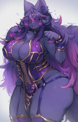 animal_ears anthro anthro_only big_breasts blush breasts cat_pose cleavage clothing curves curvy demon_horns female fur furry furry_breasts furry_ears furry_female furry_only furry_tail furry_thighs heart hips horn horns huge_breasts large_breasts purple_eyes purple_fur rein_d'ariette solo suurin_(ksyaro) tail thick thick_thighs violet_eyes wide_hips